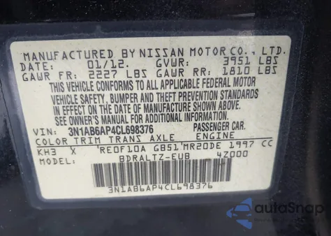 2012 Nissan Sentra 2.0 Sr z USA, uszkodzony, nr VIN 3N1AB6AP4CL698376